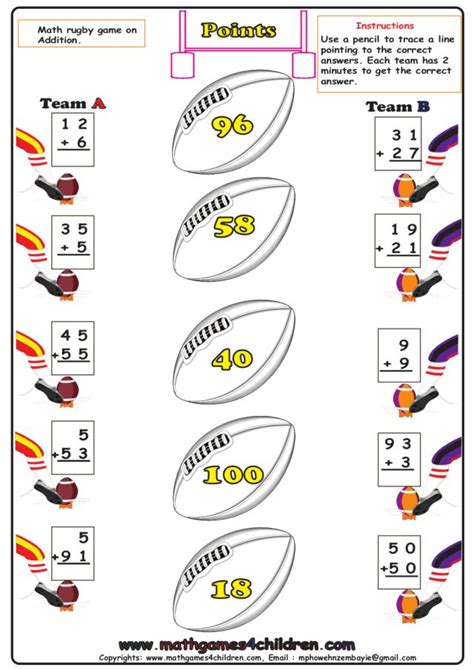 Math Rugby Game On Addition Worksheet For 2nd 4th Grade Lesson Planet