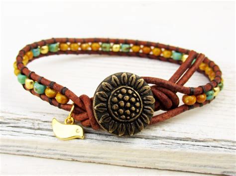 sunflower single leather wrap bracelet seed bead bracelet etsy