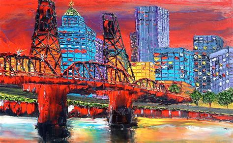 Portland City Lights Over The Hawthorne Bridge Painting By
