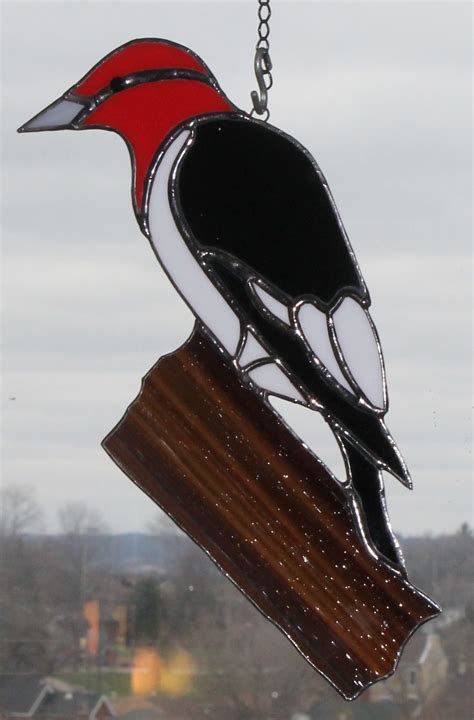 Gorgeous Woodpecker On His Tree Branch Stained Glass Birds Stained Glass Stained Glass Projects