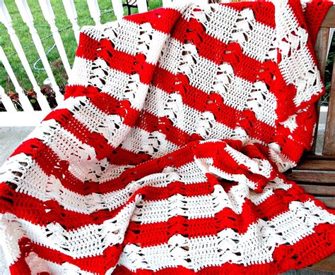 Vintage Crocheted Afghan Red And White Striped Blanket Throw Etsy