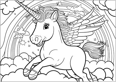 Unicorn In The Sky With A Rainbow Unicorns Kids Coloring Pages Page