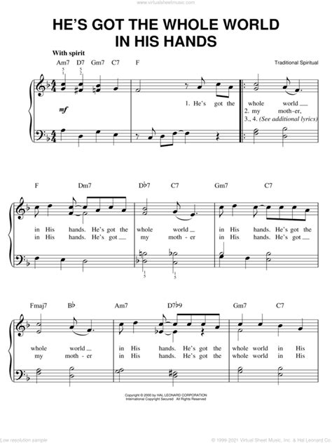he s got the whole world in his hands sheet music easy for piano solo