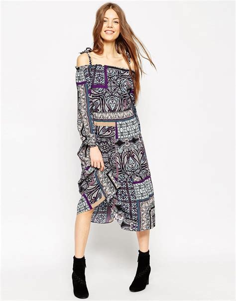 Asos Boho Midi Dress With Tie Detail Shoulder In Paisley At