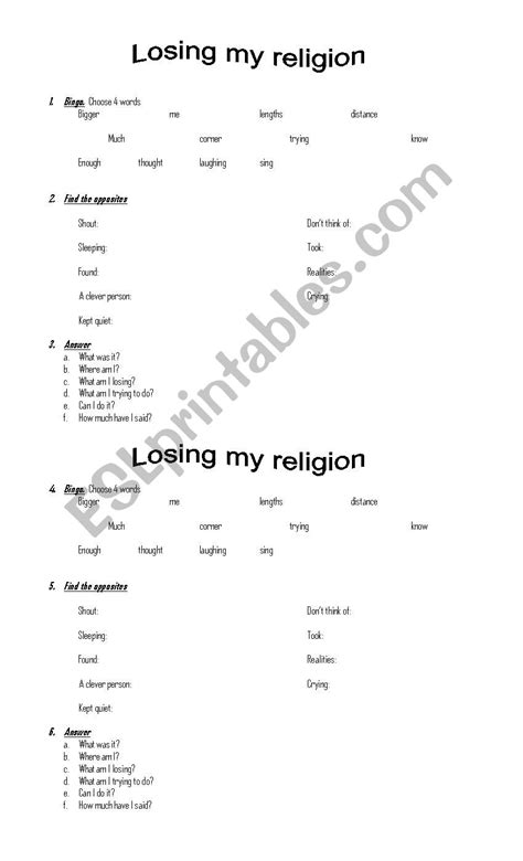 Losing My Religion Esl Worksheet By Malore