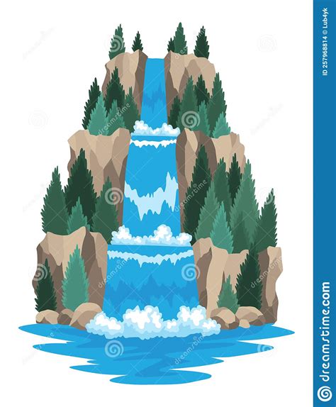 Cartoon River Cascade Waterfall Landscape With Mountains And Trees