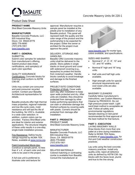 Concrete Masonry Units 04 220 1 Product Data Sheet