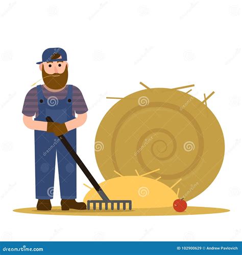 Farmer Redneck With Beard In Overalls And Baseball Cap Hat Working With