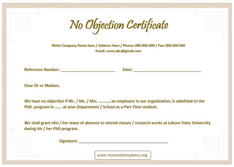 Sample No Objection Certificate Template My Word Templates