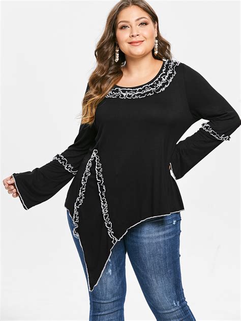 Wipalo Plus Size 5xl Ruffled Asymmetrical Shirts Women Long Sleeve O Neck Solid Blouses Spring
