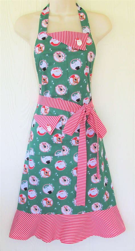 retro christmas apron for women with rudolph clarice santa and frosty kitschnstyle aprons