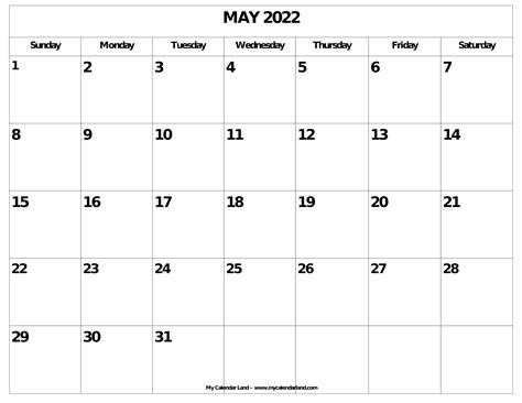 May 2022 Calendar My Calendar Land