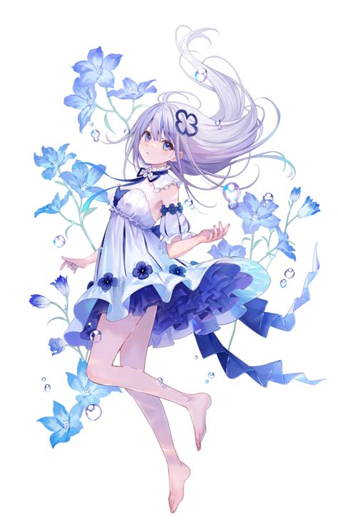 Fukahire Ruinon Original 1girl Barefoot Blue Dress Bubble Dress Flower Purple Eyes