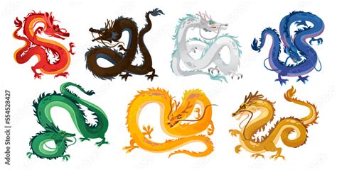 Set Of Chinese Dragons Isolated On White Background Golden Red Green