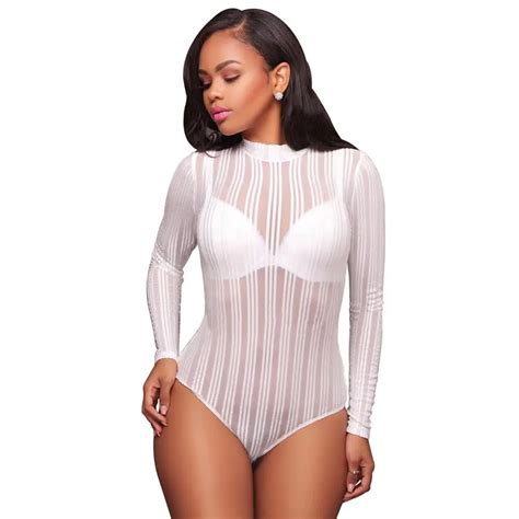 The New Womens Striped Mesh Hollow High Necked Long Sleeved Tight Body Siamese Siamese Pajamas