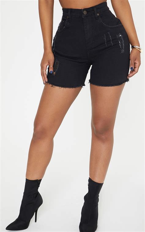 Shape Black High Waisted Denim Shorts Prettylittlething Usa