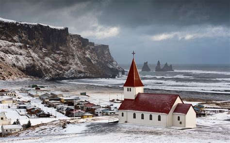 Landscape Church Cliff Sea Snow Winter Iceland Vik Wallpapers Hd