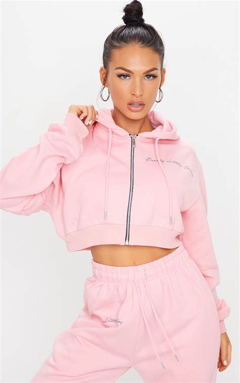 Plt Candy Pink Cropped Embroidered Zip Hoodie Prettylittlething