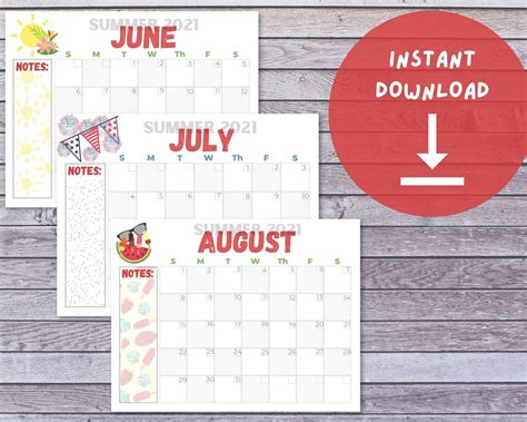 Summer Calendar Printable Etsy