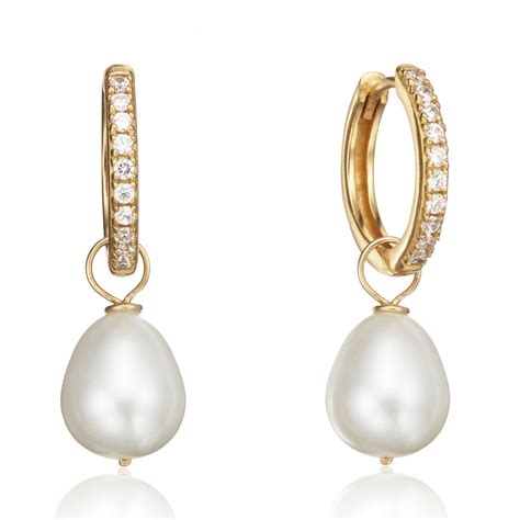 Gold Diamond Style Large Pearl Drop Hoop Earrings Lily Roo Wolf