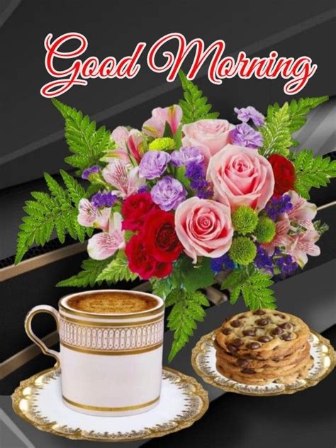 A Cup Of Coffee Next To A Cake And Flowers With The Words Good Morning
