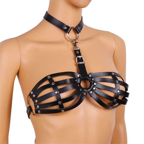 Sexy Women Goth Lingerie Leather Harness Cupless Cage Bra Strappy Body