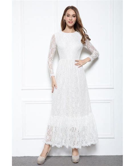 White A Line Scoop Neck Floor Length Lace Formal Dress With Sleeves Ck563 746