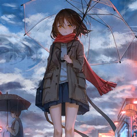 2048x2048 Anime Girl Rain Umbrella Wind 5k Ipad Air Hd 4k Wallpapers