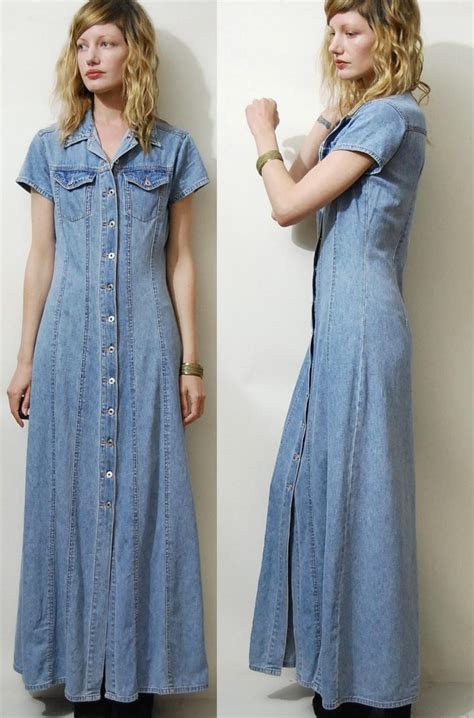 90s Vintage Denim Dress Maxi Long Button Down Vtg 1990s Pale Etsy