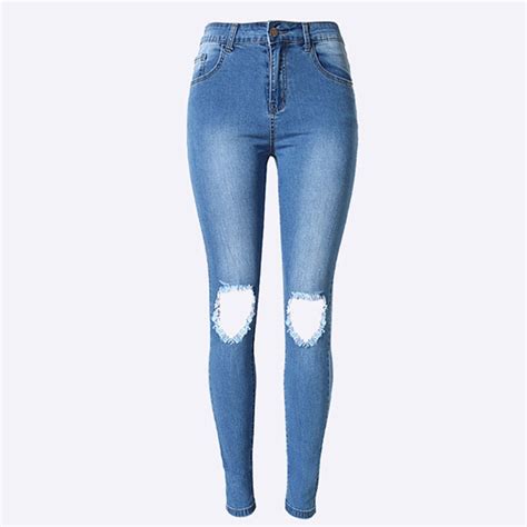 Fashion Knee Holes Ripped Jeans For Women Sexy Elasticity Skinny Distressed Jeans Simple Style