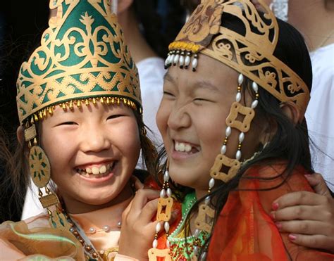Happy Sakha Children In Traditional Head Dress Yakutia Russia Folk