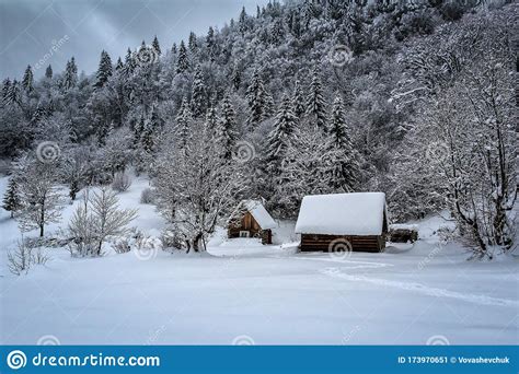 Abandoned Wooden Cabins In Snowy Mountains Stock Image Image Of