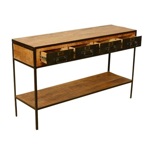 Industrial Iron 4 Drawer 2 Tier Rustic Entry Way Console Foyer Table