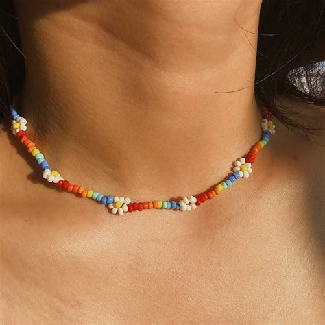 Boho Handmade Colorful Flower Rainbow Beaded Choker Necklaces In 2020