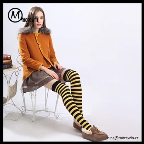 Morewin Brand Yellow Black Bee Striped Girls Cotton Knee High Sexy Socks Promo Items