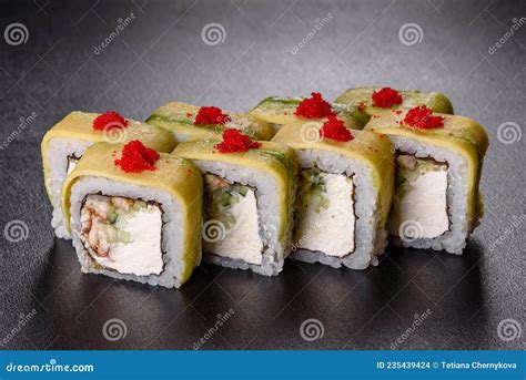 Traditional Delicious Fresh Sushi Roll Set On A Black Background Stock