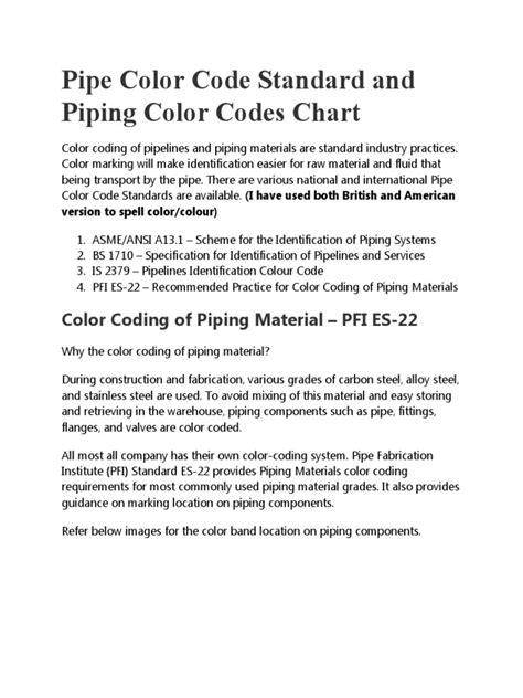 Pipe Color Code Standard And Piping Color Codes Chart Summary Pdf