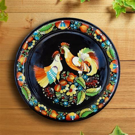 Decorative Plate Hand Painted Wooden Plate Folk Art Flowers
