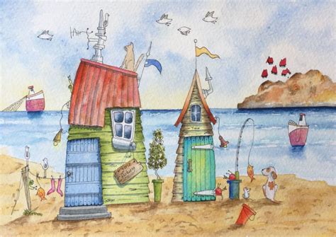 Beach Huts Dog Boat Fish Seagulls Watercolour Art And Illustration