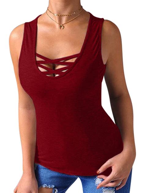 Himone Plus Size Women Low Cut Bandage Plain Vest Top Sexy Sleeveless