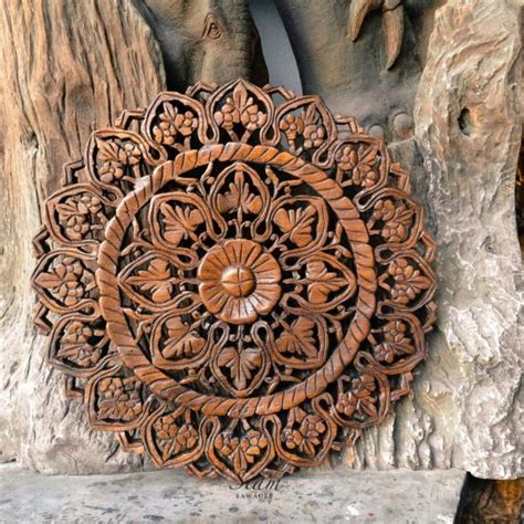 Thai Wood Carving Lotus Wall Art Panel