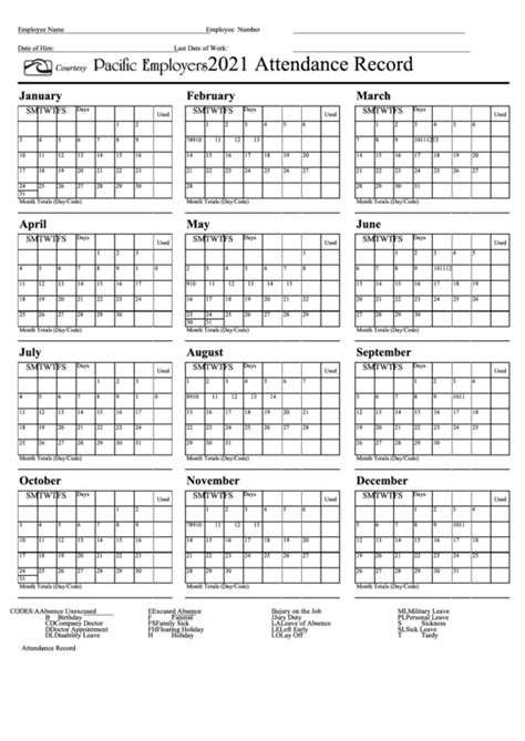 Attendance Sheet Free Printable 2021 Employee Attendance Calendar