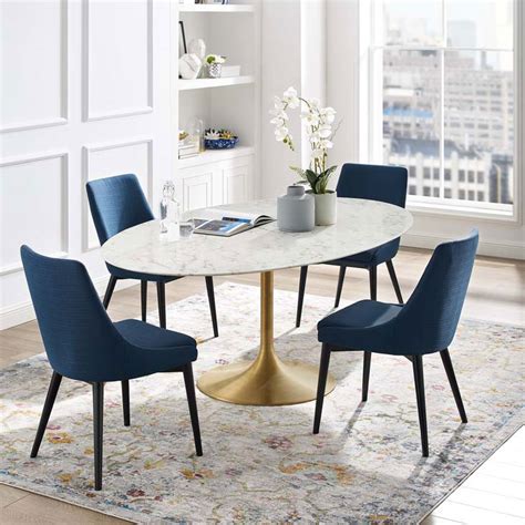 Black faux leather with brown wood staining. Odyssey 78" Oval Gold + Faux Marble Dining Table | Eurway