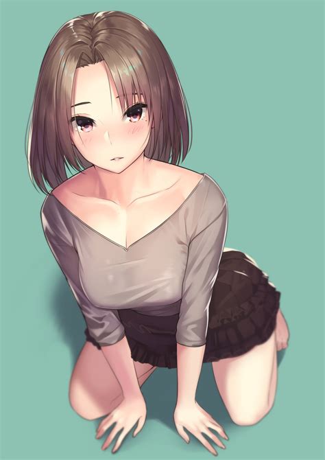 Female Anime Character Simple Background Cleavage Short Hair