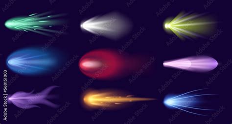 Meteors And Comets Set Of Neon Space Flying Meteorites And Asteroids
