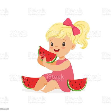 Sweet Little Blonde Girl Enjoying Eating Watermelon Cartoon Vector