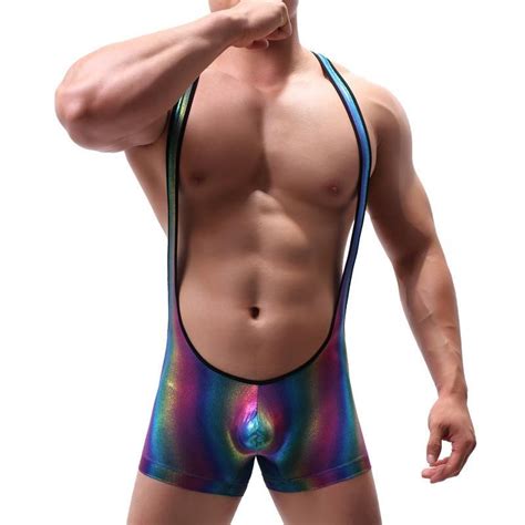 Mens Body Shapers Men Jumpsuits Rainbow Sexy Penis Pouch Bodysuits Wrestling Singlets Boxer