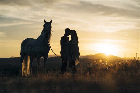 Silhouette Of Couple Standing By Horse On Field During Sunset Stock Photo