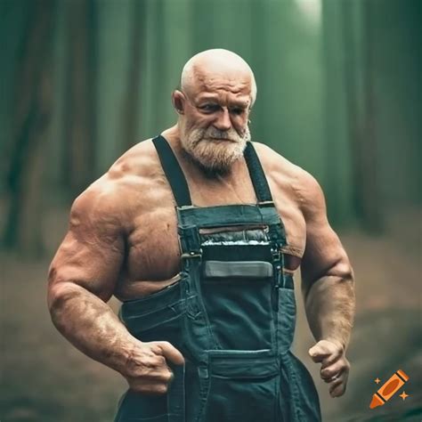 Photo Of An Old Man With Muscular Arms In Overalls On Craiyon