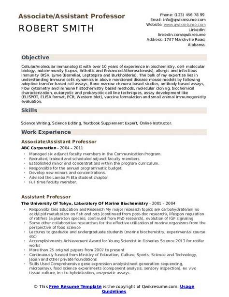 This guide is designed to help those putting together a cv for an academic post to ensure they cover all the relevant information a potential employer of academics will need to see. Assistant Professor Resume Samples | QwikResume